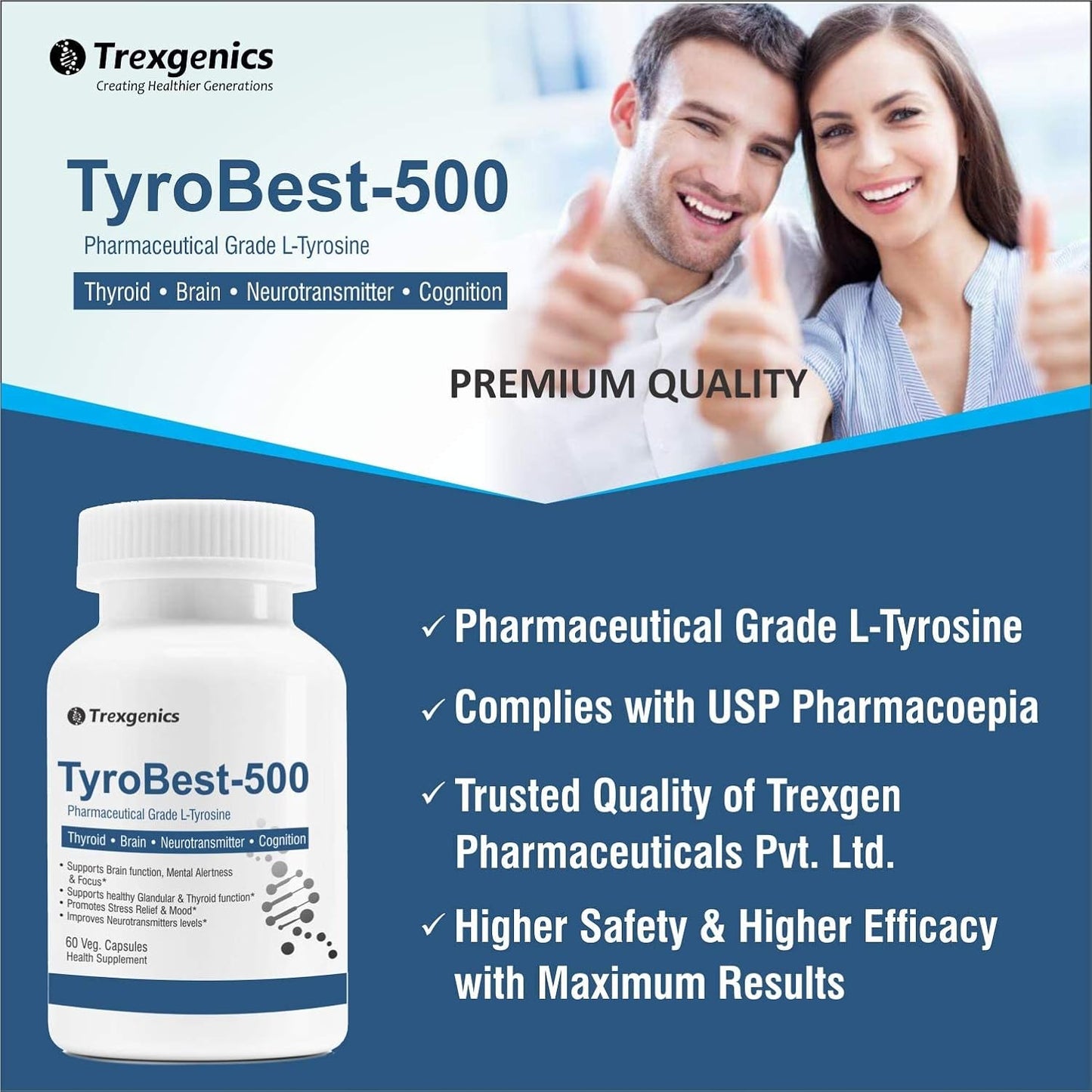 Trexgenics TyroBest-500 L-Tyrosine Pharmaceutical Grade - Thyroid, Stress, Neurotransmitter & Brain Function Support (60 Veg. Capsules) (1)