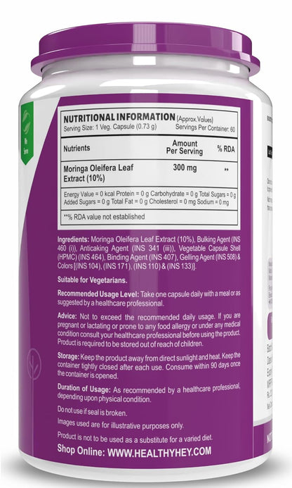 HealthyHey Moringa Extract 10:1-60 Veg Capsules - Oleifera Leaf - Miracle Tree