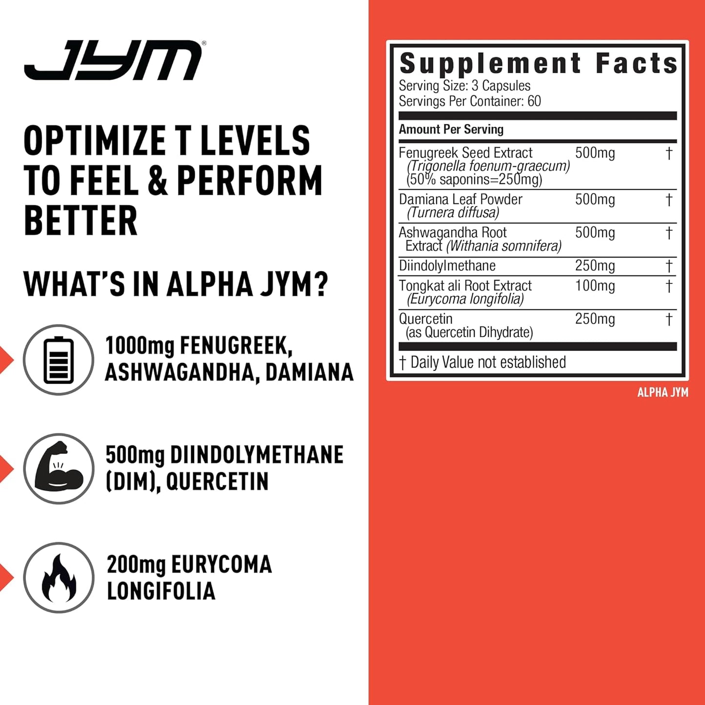 Alpha JYM Testosterone Support | Male Vitality, Health Optimization, Ashwagandha, Fenugreek, Eurycoma, Damiana, Quercetin, DIM | JYM Supplemental Science | 180 Vegetarian Capsules