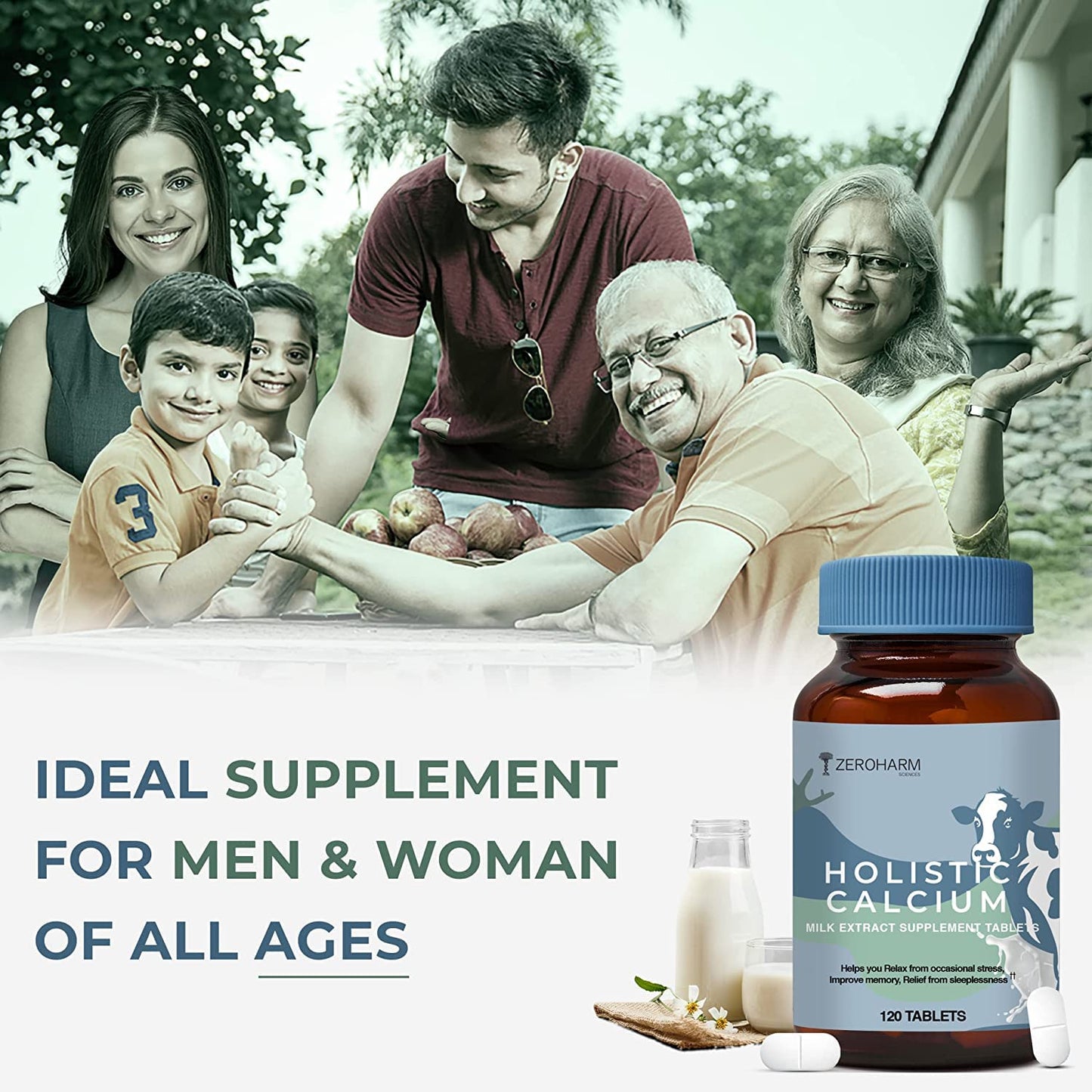 ZEROHARM Holistic Calcium Tablets â€“ High Absorbption Milk-Based Calcium Supplement with Vitamin D3, K2-7, Magnesium, Phosphorous â€“ Supports Bone Strength & Joint Health For Men & Women â€“ 120 Tablets