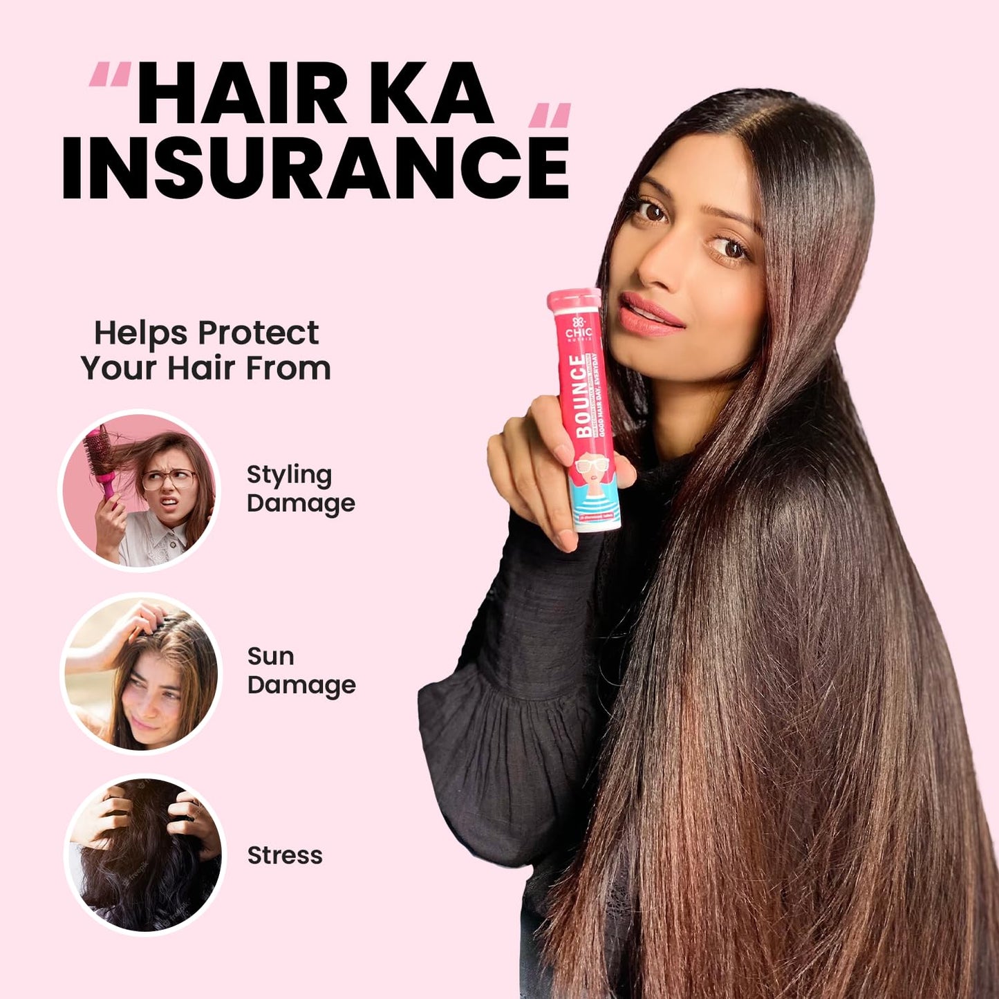CHICNUTRIX Bounce|20 Raspberry Flavoured Effervescent Tablet|Biotin With Selenium & Amino Acids-Hair Fall & Hair Growth Management Thick Hair - Frizz-Free Hair- Hair Fall Control Supplement,100 grams