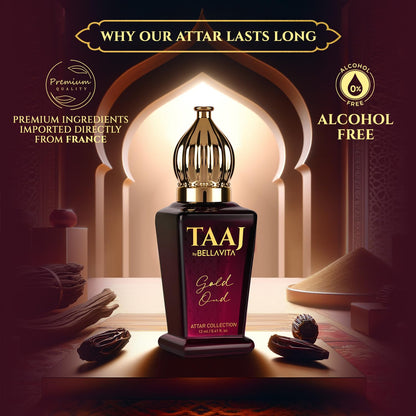 BELLAVITA TAAJ Gold Oud Unisex Long Lasting Attar for Man and Woman 12ml | Caramel, Rose, Jasmine and Orris | Non-Alcoholic Roll On | Ideal Gift for Men and Women