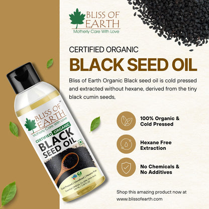 Bliss of Earth Certified Organic Black Seed Oil | Kalonji Oil | 100GM | Immune System Booster | Digestive Support | Great For Hair Health | Gluten Free | Cold Pressed | Unrefined | Hexane Free |