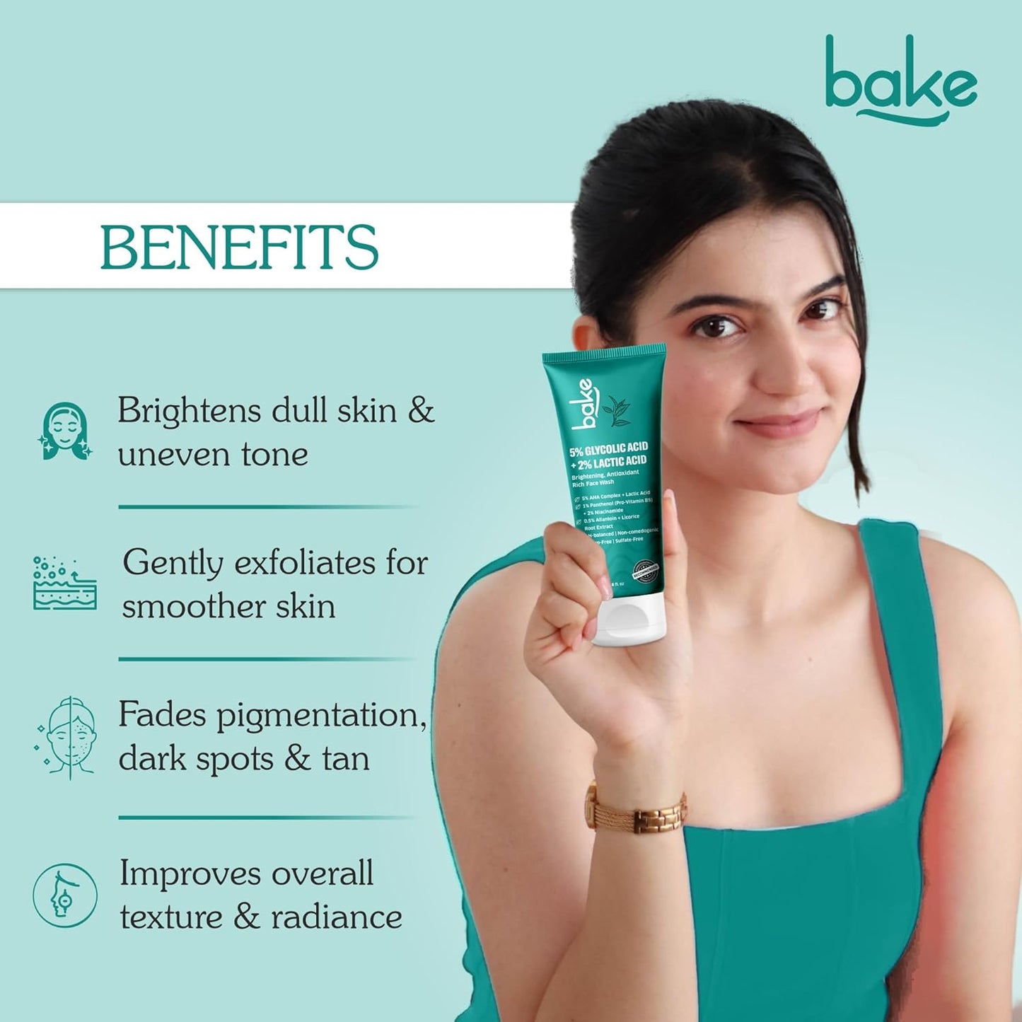 BAKE 5% Glycolic Acid Face Wash for Dark Spots & Pigmentation | For Tan Removal & Dull Skin | Daily Brightening & Glowing Face Wash - 100ml