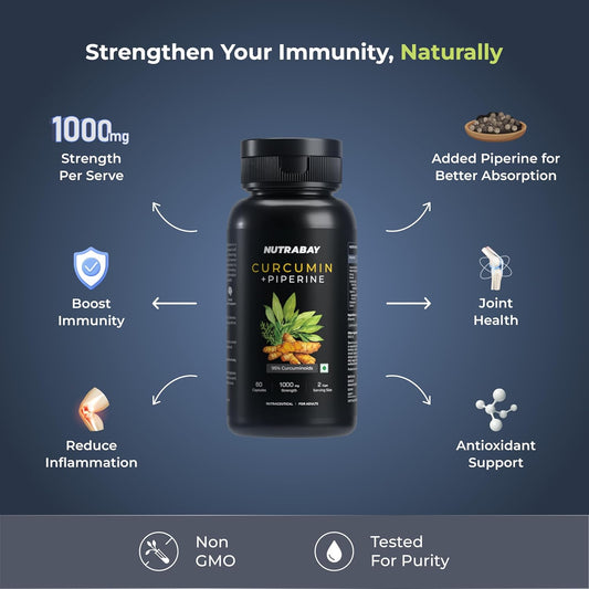 Nutrabay Wellness Curcumin with Piperine with 95% Curcuminoids - Natural Immune Support, Antioxidant, Advanced Absorption & Anti Inflammatory Joint Pain Support - 1000mg, 60 Veg Capsules