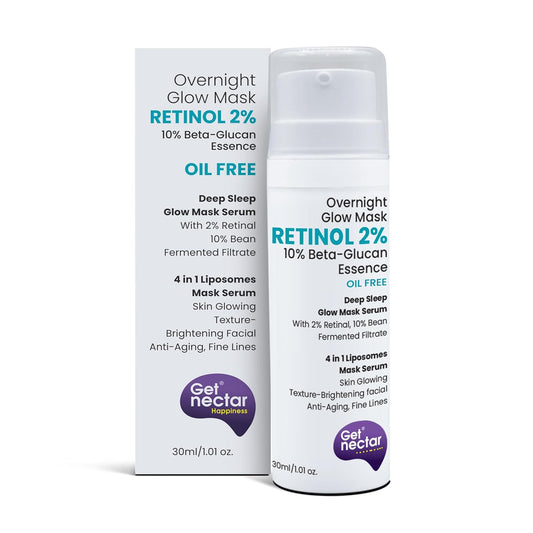 Get Nectar Happiness Overnight Glow Mask Night Serum 2% Retinol (Oil Free) with Beta-glucan & Bean Essence for Anti-Aging, Fine Lines, Wrinkles & Younger-Look (30ml)