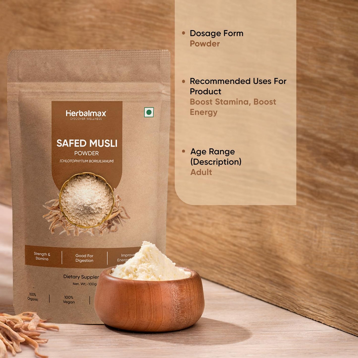 Herbal Max Organic Safed Musli Root Powder â€“ 100g | Ayurvedic Supplement for Strength, Stamina, Vitality & Performance | Herbal Health Booster
