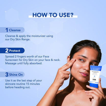 BELLAVITA Sunscreen SPF 50 For Dry Skin|SPF 50 PA++++|Broad Spectrum Protection | No White Cast | Water & Sweat Resistant|Dermatologically Tested|Hydrating Sunscreen|48hrs Hydration | For Men & Women | 50ml