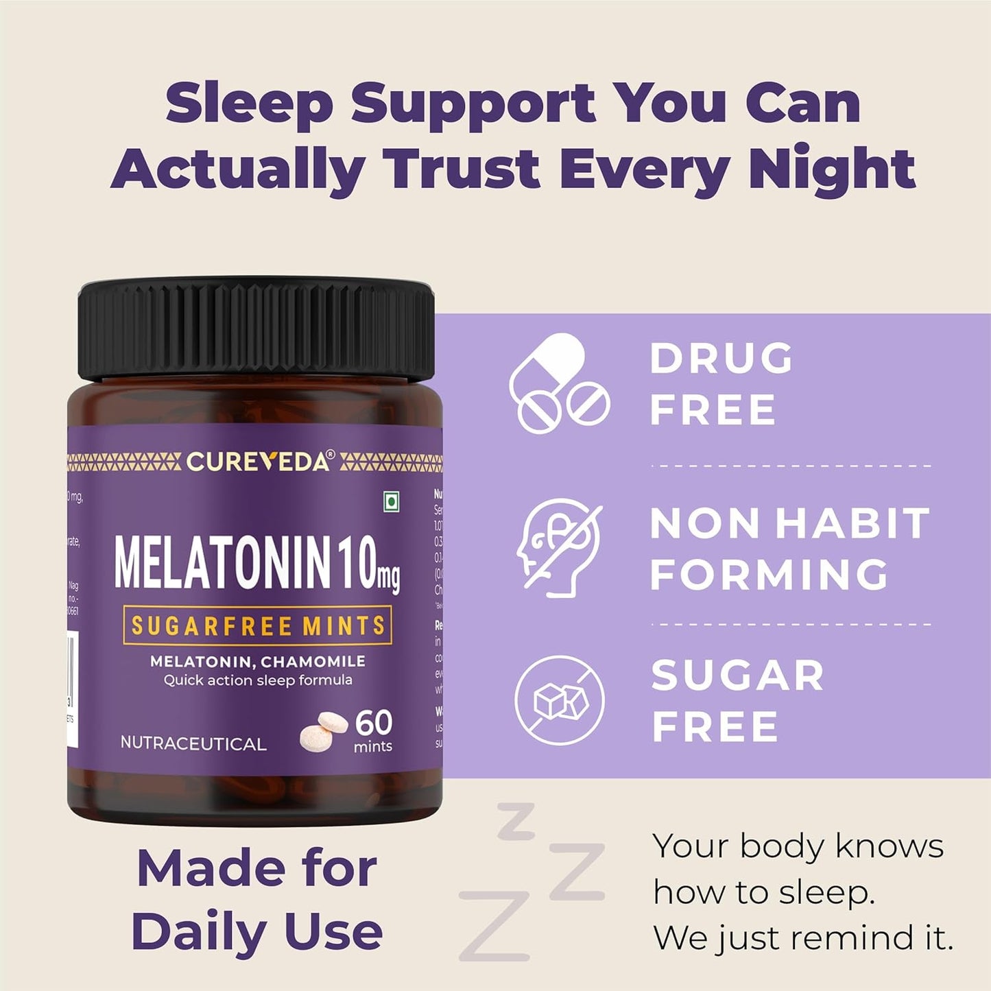 Cureveda Melatonin 10mg Sleep Support Sublingual Mints 60 Mints | Fast Dissolve Oral Sleep Aid with Chamomile | Deep Sleep Supplement for Adults | Non Habit Forming Natural Sleep Aid, Vegan Sugar Free Night Support