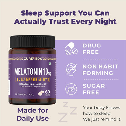 Cureveda Melatonin 10mg Sleep Support Sublingual Mints 60 Mints | Fast Dissolve Oral Sleep Aid with Chamomile | Deep Sleep Supplement for Adults | Non Habit Forming Natural Sleep Aid, Vegan Sugar Free Night Support