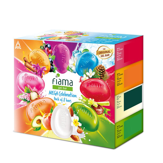 Fiama Gel Bathing Bar Mega Celebration Pack, With 8 Unique Gel Bars, 1000g (125g - Pack of 8), with Skin Conditioners For Moisturized Skin, Soap for Women & Men, For All Skin Types