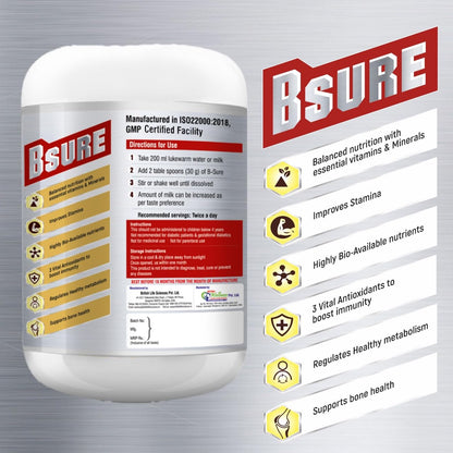Bsure - For a Life Without Health Limits | Complete Balanced Nutritional Supplement for All Ages | Immunity Booster with 3 Vital Antioxidants & 28 Nutrients | Gluten-Free | Vanilla Flavour | 400g