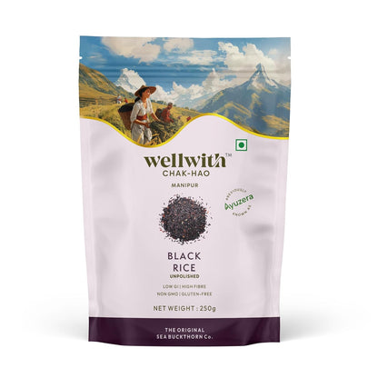 Wellwith (Ayuzera) Black Rice Gluten Free 250g | Chak Hao | Organic Karuppu Kavuni |100% Natural & Organic | Forbidden Manipuri Rice (Pack of 1)