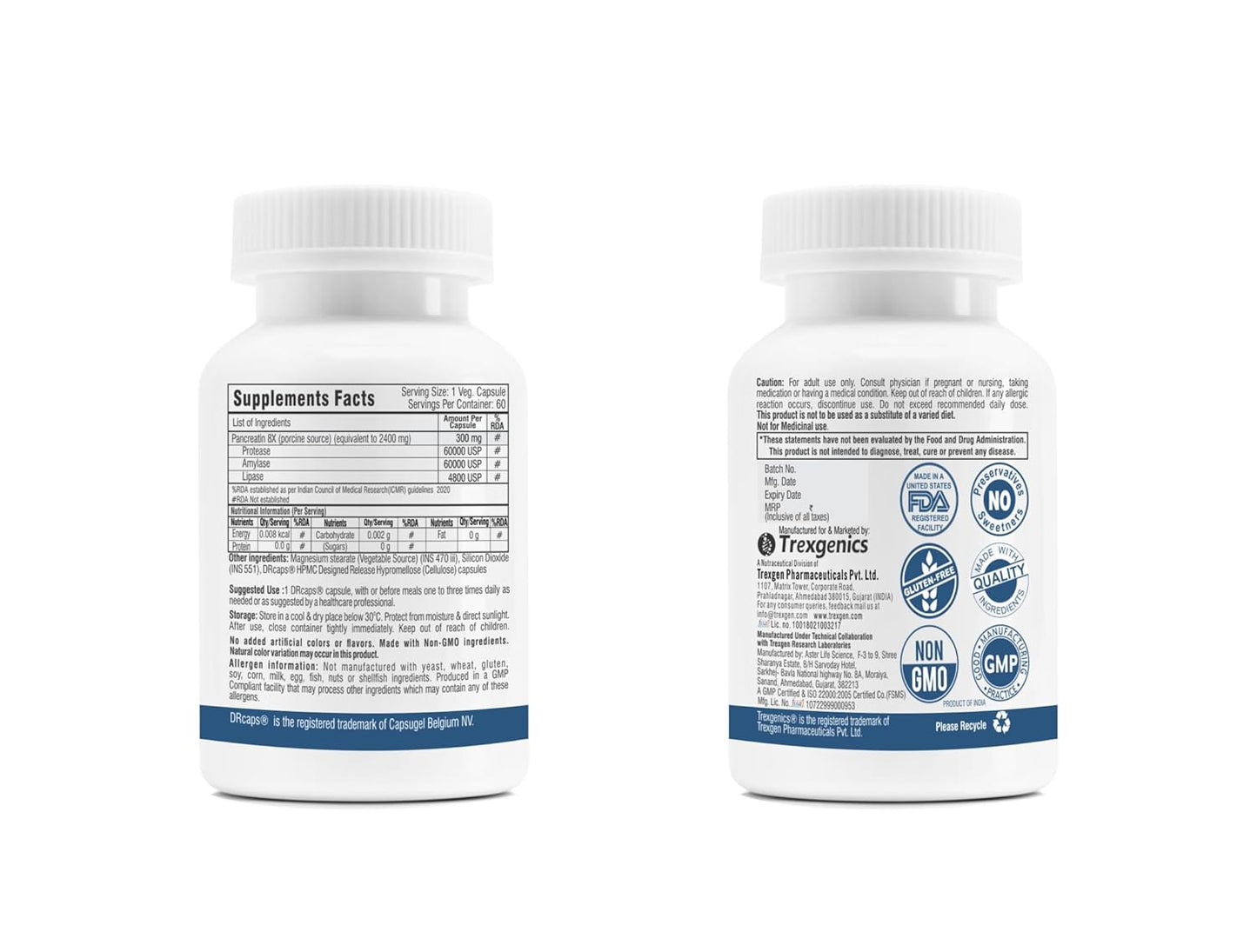 Trexgenics PANCREATIN 300 mg 8X Pharmaceutical Grade Stomach Acid Protected Protease 60000 USP, Amylase 60000 USP, 4800 USP Lipase Digestive Health Support (60 DRcaps)