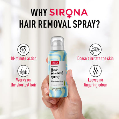 Sirona Hair Removal Spray Foam with Aloe Vera Extracts and Lemongrass Fragrance 80 ML (Pack of 1) | For Legs, Arms & Underarms | Removes Hair in 10 Minutes | Parabens Free | Dermatologically Tested