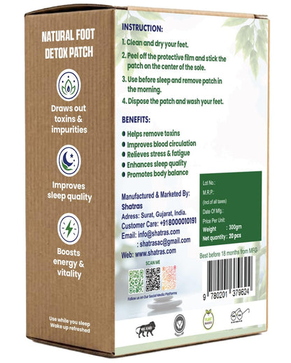 Shatras Herbal Foot Patch for Detox & Relaxation | Overnight Foot Pads for Tired Feet | Natural Ingredients for Sleep Aid, Pain Relief, Toxin Removal with Bamboo Vinegar Foot Patches with Adhesive Sheets-20 Pieces (PACK OF-1)