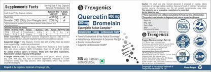 Trexgenics QUERCETIN 400 mg, BROMELAIN 200 mg Synergistic Action Respiratory Health, Immunity, Cardiovascular Health VEGAN & NON-GMO (30 Veg. Capsules) (Pack of 1)
