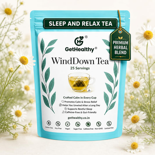 GetHealthy® WindDown Tea™ for Sleep | Caffeine Free Bedtime Herbal Blend with Chamomile, Ashwagandha & Lavender | Relaxing Sleep Tea for Nighttime Calm | Premium Chamomile Tea Bags | 25 Pyramid Bags