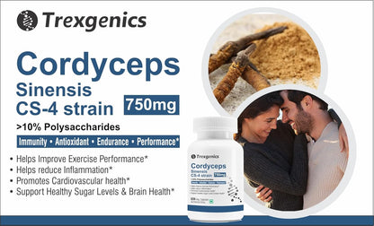 Trexgenics CORDYCEPS 10% Polysaccharides 750 mg Immunity, Cardiovascular, Exercise performance VEGAN & NON-GMO (60 Veg. Capsules) (Pack of 1)