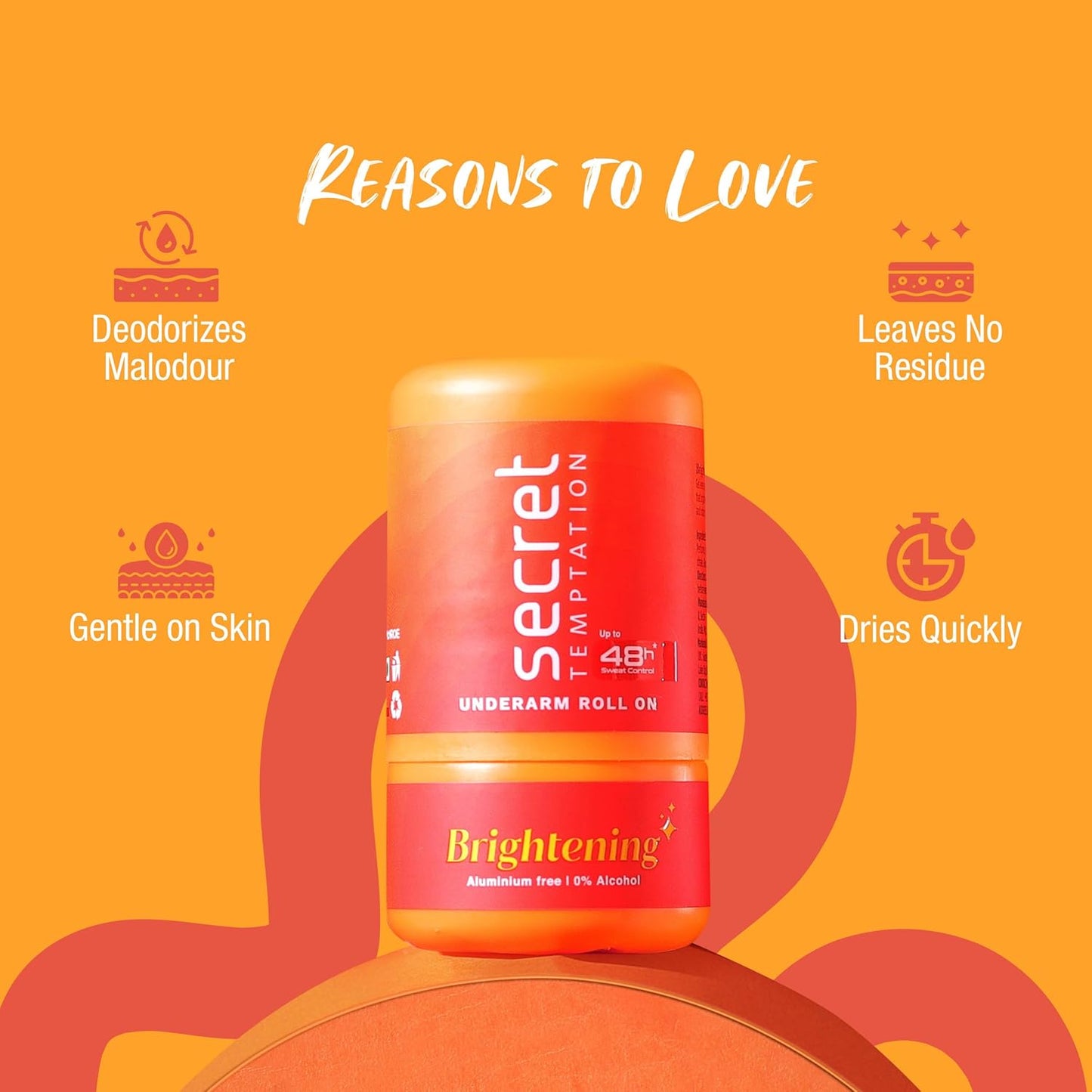 Secret Temptation Brightening Antiperspirant Non Sticky Roll On Deodorant Stick For Women, Reduce Underarm Darkness, Brightens & Evens Out Skin Tone, Zinc Oxide & Niacinamide, 50ml