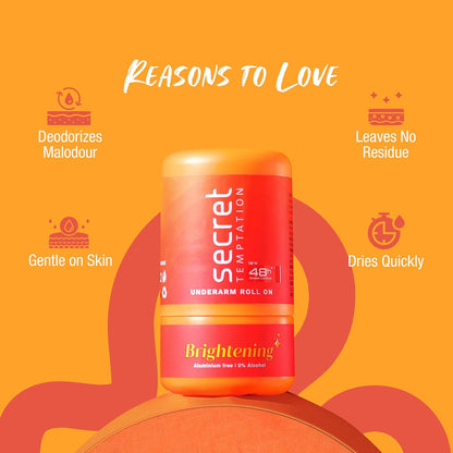 Secret Temptation Brightening Antiperspirant Non Sticky Roll On Deodorant Stick For Women, Reduce Underarm Darkness, Brightens & Evens Out Skin Tone, Zinc Oxide & Niacinamide, 50ml