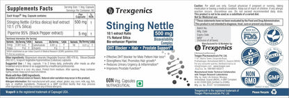 Trexgenics STINGING NETTLE (1% Natural Silica) 500mg with with Bio-enhancer Piperine 5mg DHT Blocker, Hair growth, Prostate Support (60 Veg capsules)