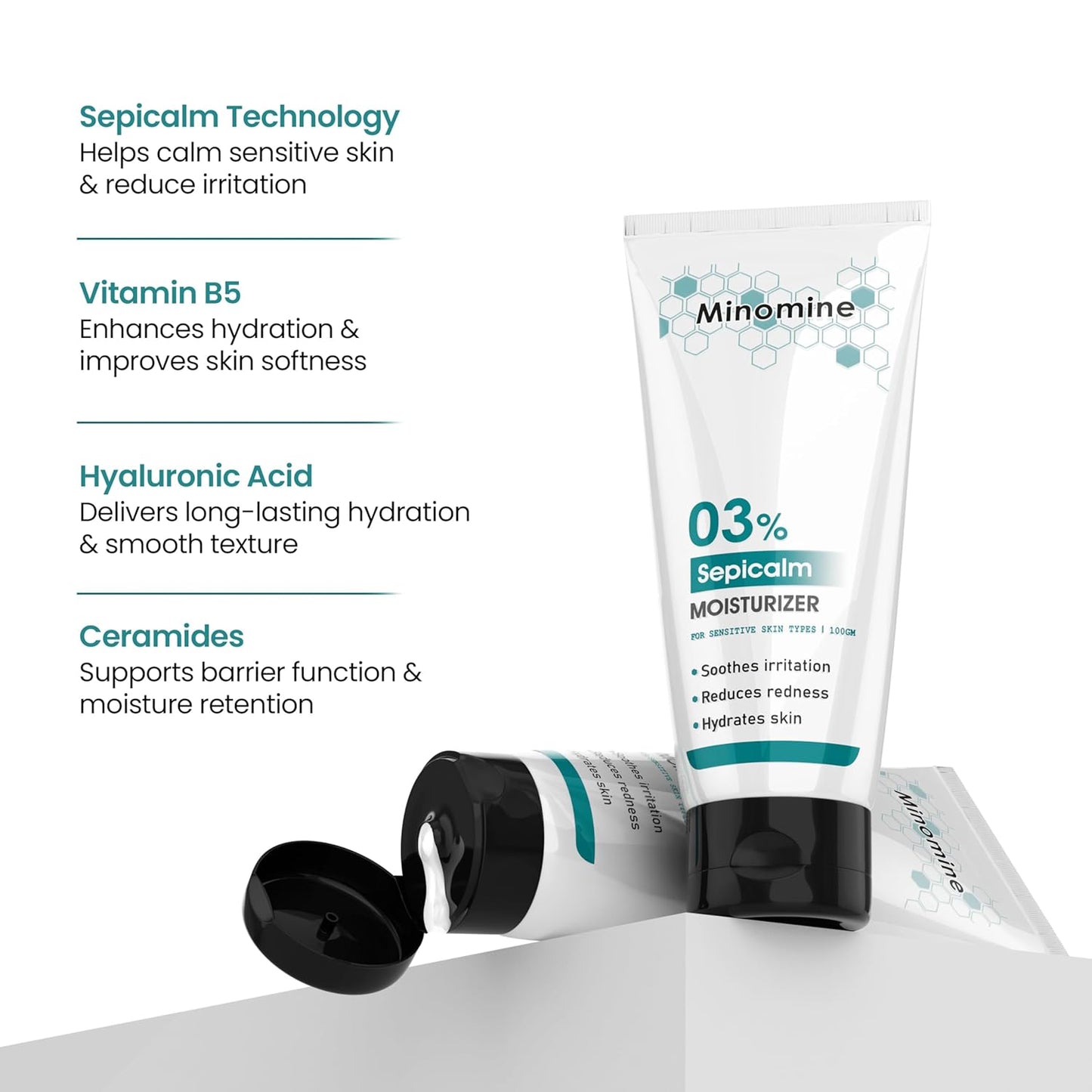 Minomine 03% Sepicalm Moisturizer with Vitamin B5 | Soothes Irritation, Reduces Redness, Hydrates Skin | Men & Women, Sensitive Skin Types, 100gm