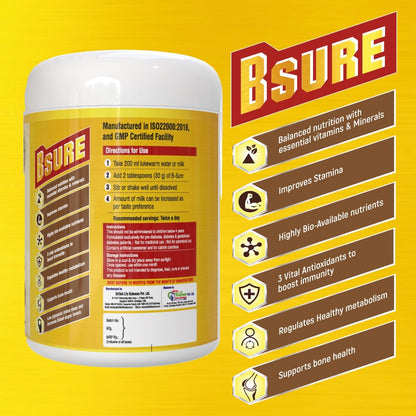 Bsure - For a Life Without Health Limits | Complete Balanced Nutritional Supplement for All Ages | Immunity Booster with 3 Vital Antioxidants & 28 Nutrients | Gluten-Free | Dutch Chocolate Flavour | 400g