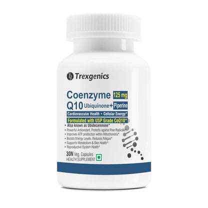 Trexgenics COENZYME Q10 125 mg USP grade Ubiquinone (Ubidecarenone) with Piperine 5 mg Antioxidant, Cellular Energy, Heart Health (30 Veg Capsules))