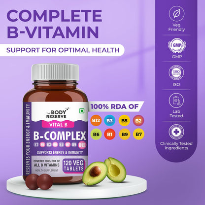 The Body Reserve Vitamin B Complex Tablets- 120 Veg Tablets 100% Rda Of Vitamin B1, B2, B3, B5, B6, B7, B9 & B12, Vitamin B Complex Supplements For Women & Men (4 Months Supply Pack)