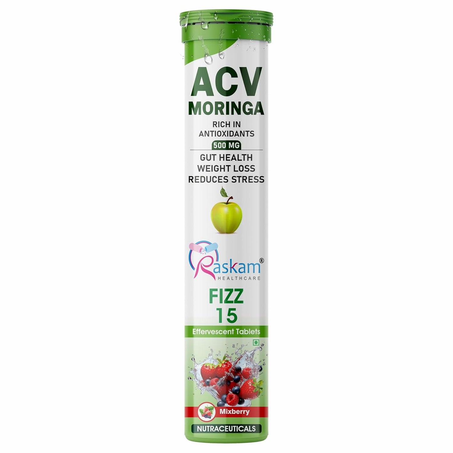 ACV Moringa Effervescent Tablets | Fizz 15 Tablets in Mixberries Flavour | Natural Energy & Immunity Booster with Antioxidants to Control Cravings | 500mg (Pack of 1)