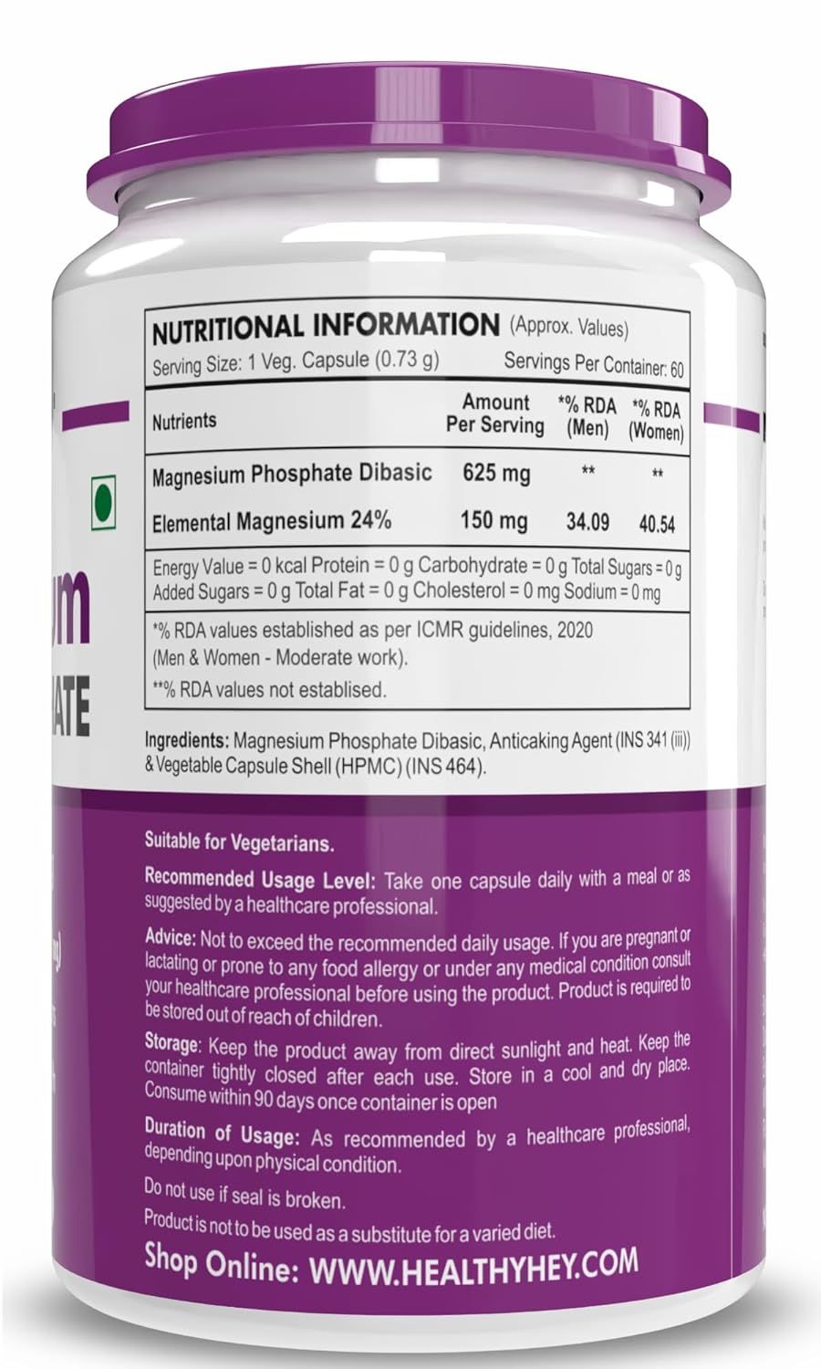 HealthyHey Nutrition Magnesium Phosphate - 625mg/serving - 60 Vegetable capsules