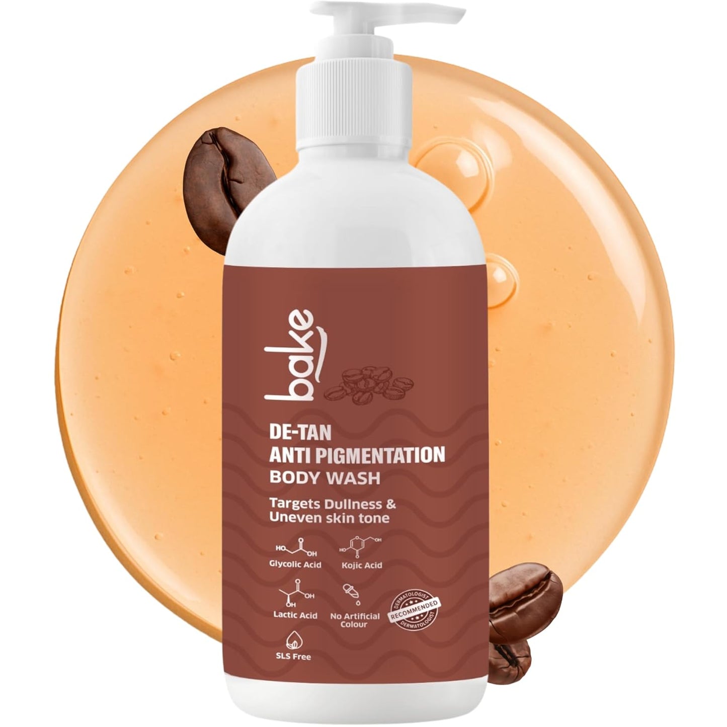 BAKE 2% Kojic Acid Brightening Body Wash with Glycolic Acid & Alpha Arbutin | De-Tan Body Wash | For Pigmentation & Tan Removal | For Dark Knees & Elbows | Dark Spots & Sun Damage | For Men & Women - 250ml