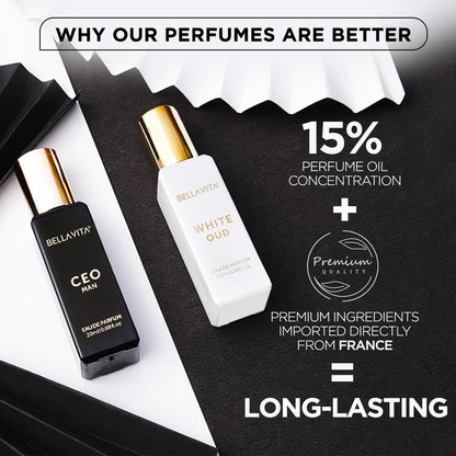 BELLAVITA CEO Man & White Oud Unisex | Long Lasting Perfume for Man and Woman | EDP 2x20ml | Tonka, Agarwood & Orange | Woody, Spicy, Citrus Premium Fragrance for Men & Women