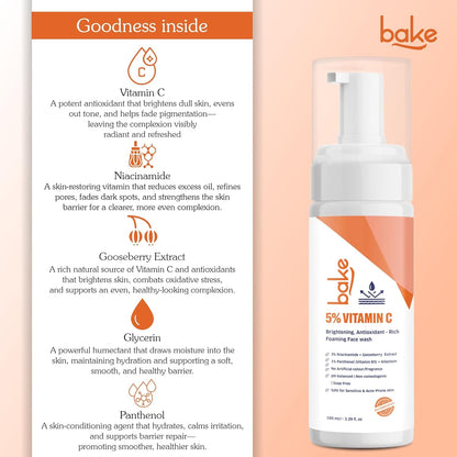 BAKE 5% Vitamin C Foaming Face Wash with Niacinamide | Brightening Face Wash for Pigmentation, Dark Spots & Uneven Skin Tone | Antioxidant Rich Cleanser for Dull, Normal to Oily Skin â€“ 100ml