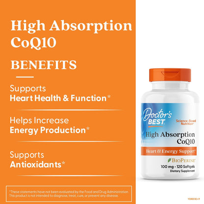 Doctor's Best High Absorption CoQ10 with BioPerine Supplement - Coenzyme Q10 Softgels for Heart Health & Antioxidant Support, Naturally Fermented CoQ10 100mg for Women & Men, Non GMO - 120 Softgels
