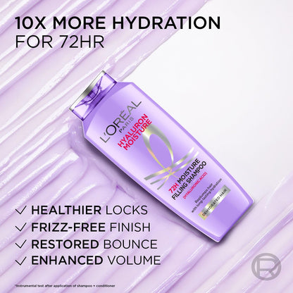 L OrÃ©al Paris Moisture Filling Shampoo, With Hyaluronic Acid, For Dry & Dehydrated Hair, Adds Shine & Bounce, Hyaluron Moisture 72H, 340Ml.