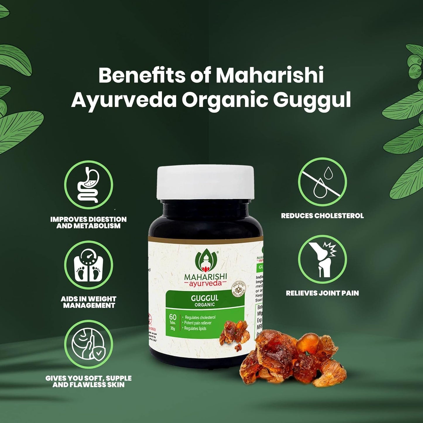 Maharishi Ayurveda Organic Guggulu Tablets | Supports Healthy Cholesterol Levels & Digestion| Joints Detoxification | Weight Management | Antioxidant - 60 Tablets
