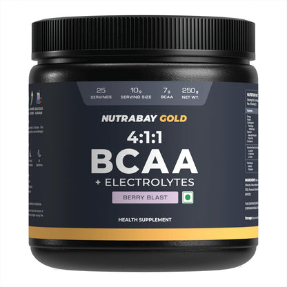 Nutrabay Gold BCAA 4:1:1 with Electrolytes 7000 mg Vegan BCAAs, 1000mg Electrolytes per Serving â€“ Intra/Post Workout Energy Drink for Muscle Recovery & Endurance - 250g, Berry Blast