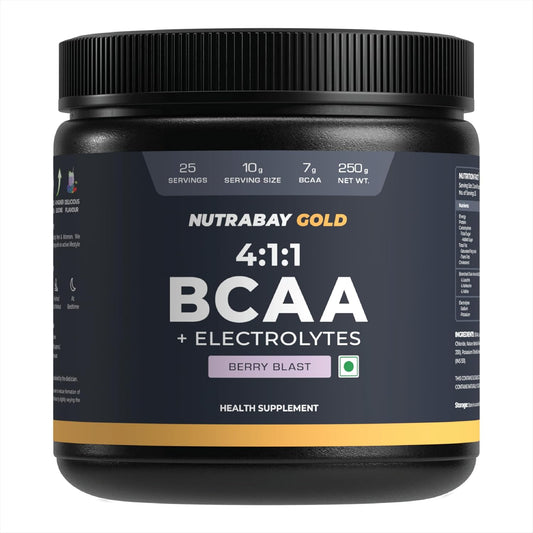 Nutrabay Gold BCAA 4:1:1 with Electrolytes 7000 mg Vegan BCAAs, 1000mg Electrolytes per Serving â€“ Intra/Post Workout Energy Drink for Muscle Recovery & Endurance - 250g, Berry Blast