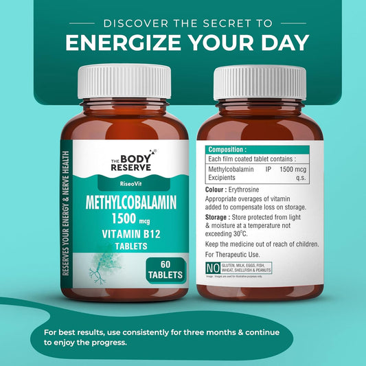 THE BODY RESERVE Vitamin B12 Tablets 1500 mcg as Methylcobalamin | Vitamin B12 Supplement for Energy, Focus & Nerve Health | 60 Veg Tablets (2 Months Supply Pack)