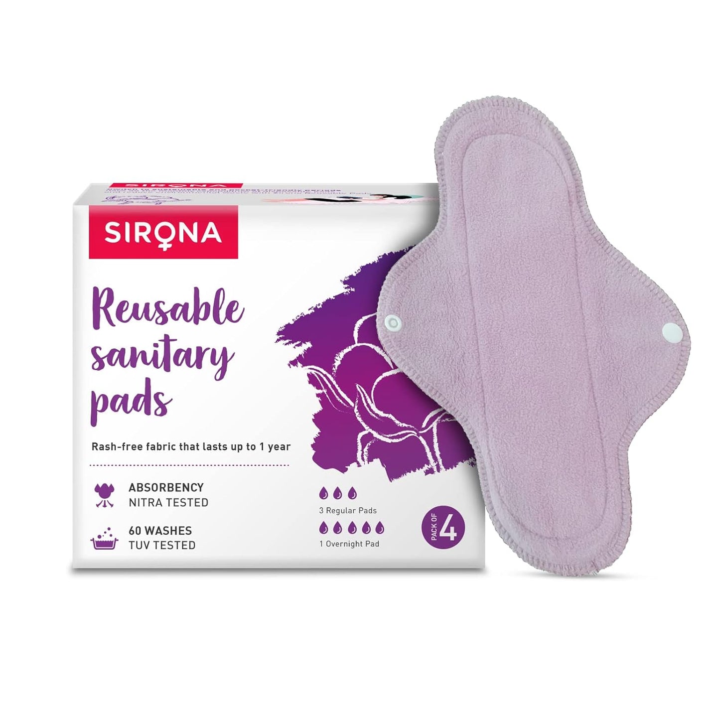 Sirona Reusable Pad for Women and Girls | (Pack of 4)| 3 Regular Pads + 1 Overnight Pad | Soft Cloth Pads for Women for Period, Reusable Rash Free Fabric, Skin Friendly, Lasts Up To 1 Year