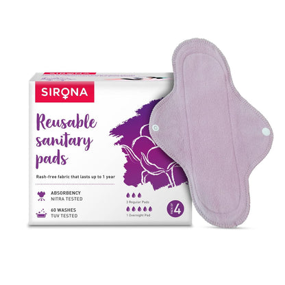 Sirona Reusable Pad for Women and Girls | (Pack of 4)| 3 Regular Pads + 1 Overnight Pad | Soft Cloth Pads for Women for Period, Reusable Rash Free Fabric, Skin Friendly, Lasts Up To 1 Year