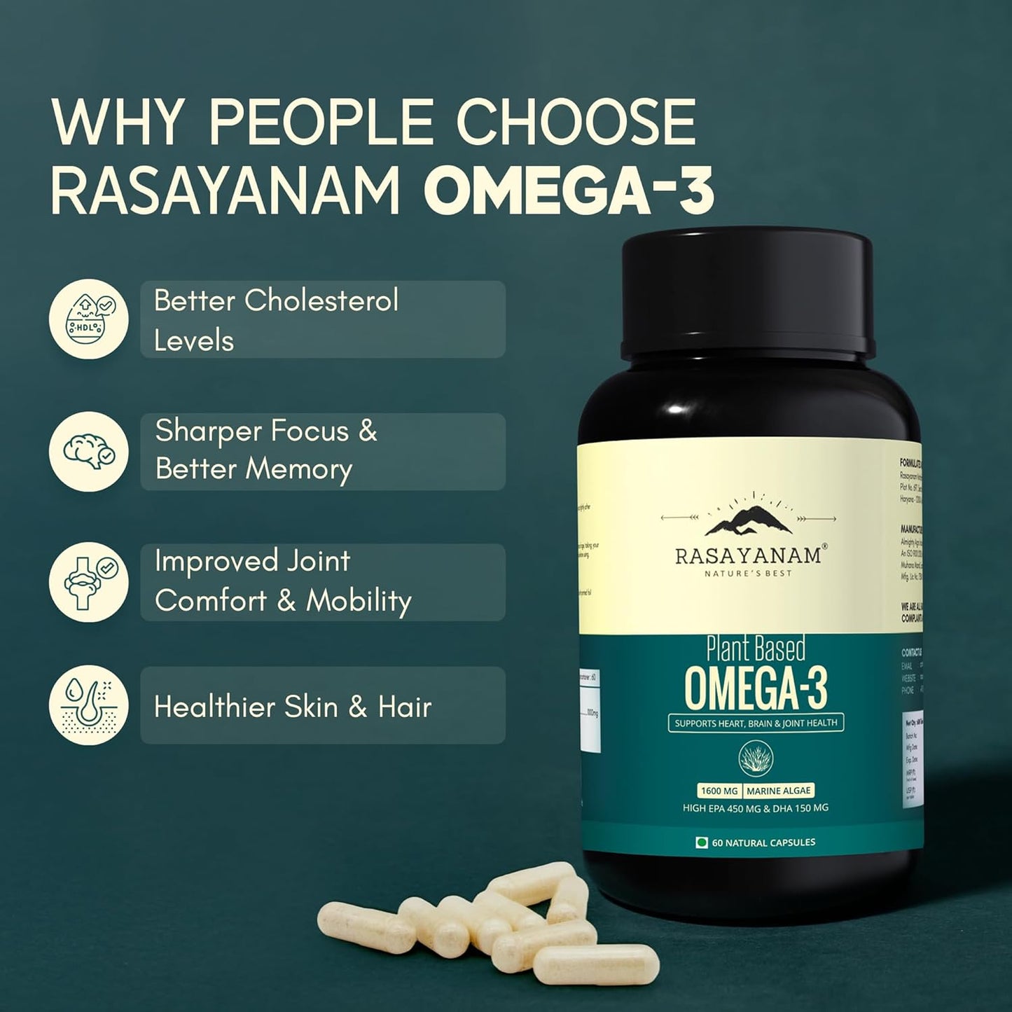 Rasayanam Plant Based Omega-3 Capsules, 1600mg | Gelatin Free, No Burps, No Fish Oil, Pure Algae | 450mg EPA & 150mg DHA, Better Joint & Heart Health | Vegetarian Omega 3 Supplement - 60 Capsules
