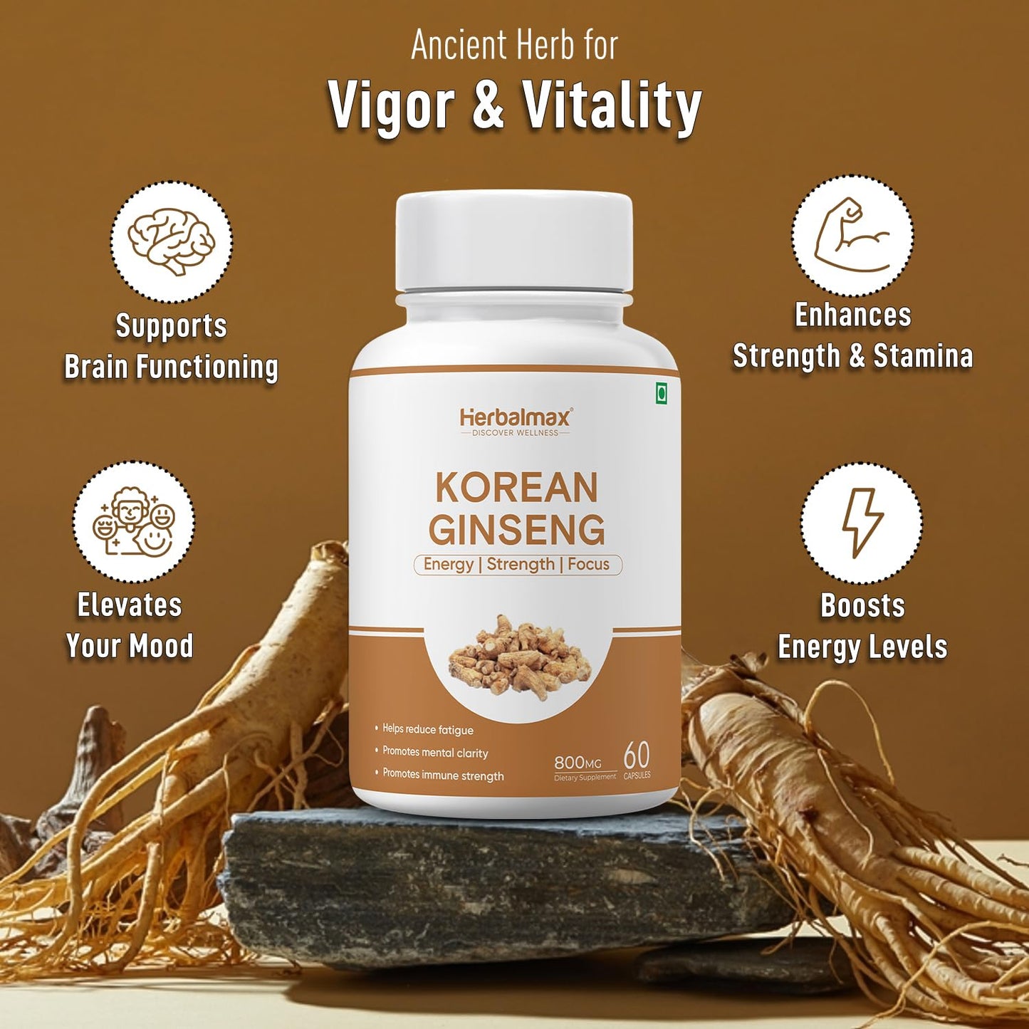 Herbal Max Korean Ginseng Capsules â€“ 60 Veg Capsules | Boosts Immunity, Stamina & Energy | Natural Stress Support | Ayurvedic Supplement for Men & Women