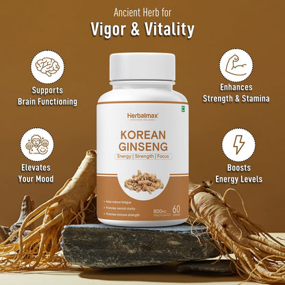 Herbal Max Korean Ginseng Capsules â€“ 60 Veg Capsules | Boosts Immunity, Stamina & Energy | Natural Stress Support | Ayurvedic Supplement for Men & Women