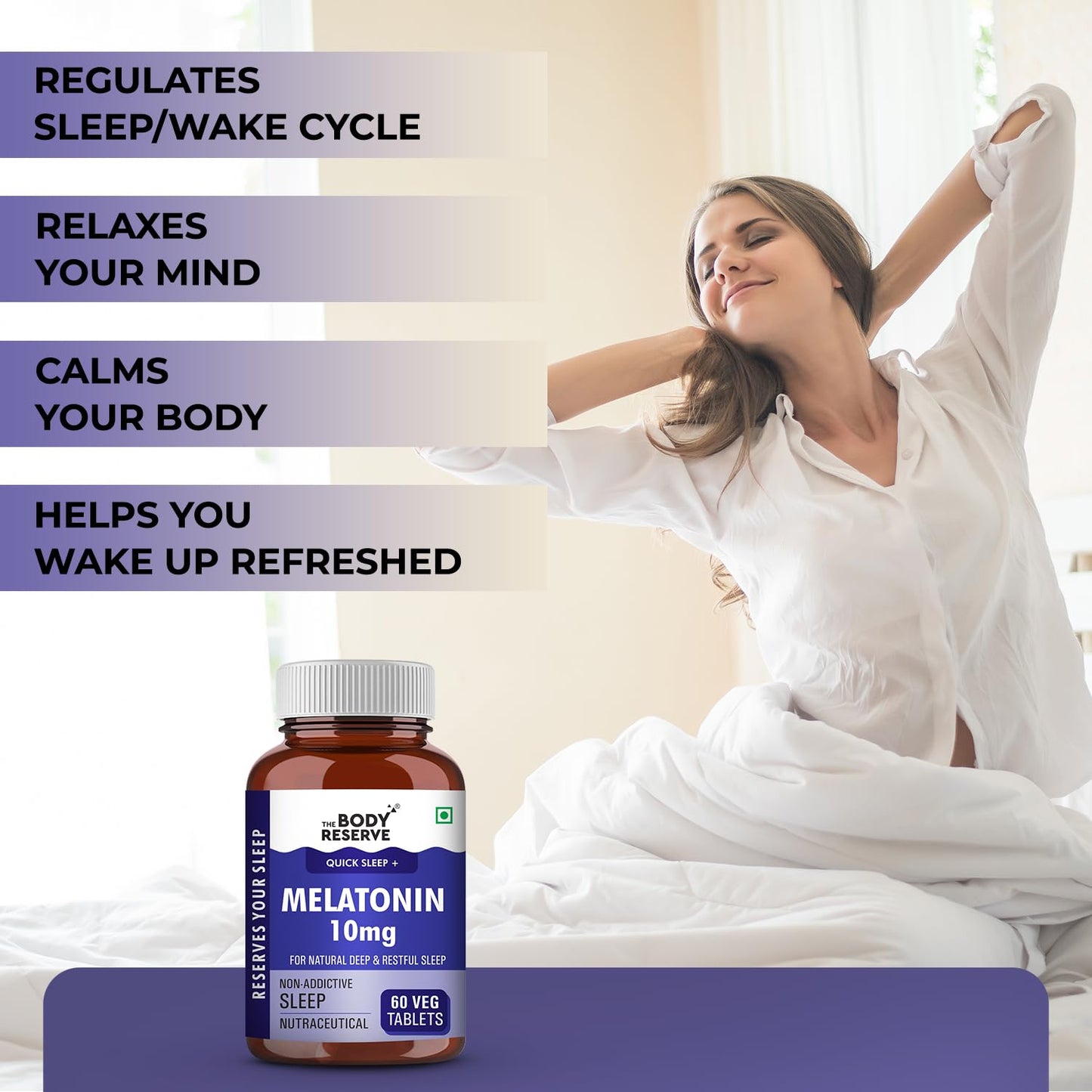 The Body Reserve Melatonin 10mg - 60 Veg Tablets for Sleep Support, Nerve Relaxation, and Stress Relief - Non-Habit Forming for Men & Women