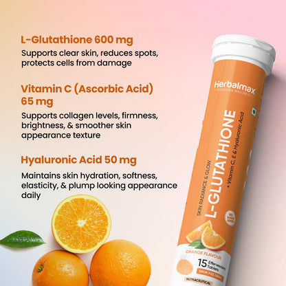 Herbal Max Glutathione Effervescent Tablets â€“ 15N Packed with Vitamin C, Hyaluronic Acid & Biotin to Support Healthy Hair, Skin & Nails for a Natural Glow & Boost Hydration (Pack of 1, Orange)