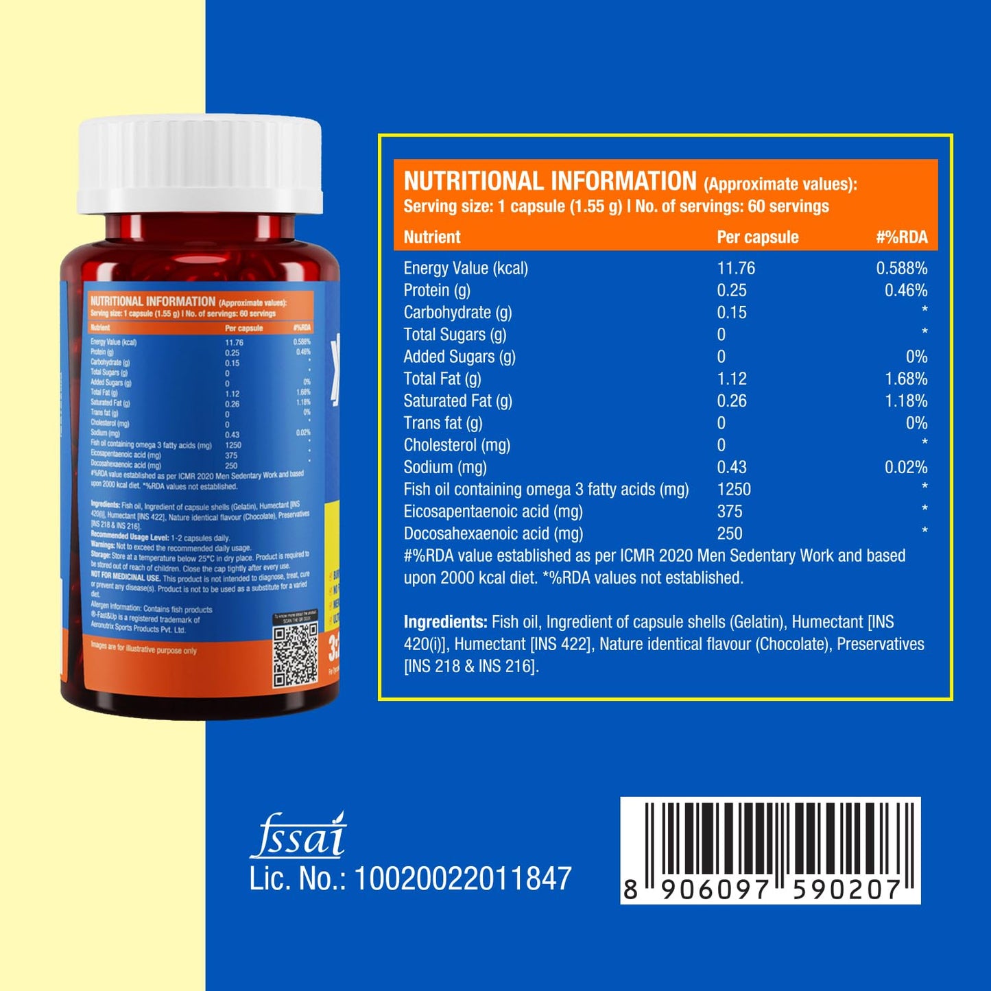 Fast&Up Promega with Double Strength 1250 mg Omega-3 Rich Fish Oil (60 Capsules) | High 375 mg EPA & 250 mg DHA ratio (3:2) For Heart, Eyes, Joints & Brain Health | No Fishy Aftertaste, Smell or Burps