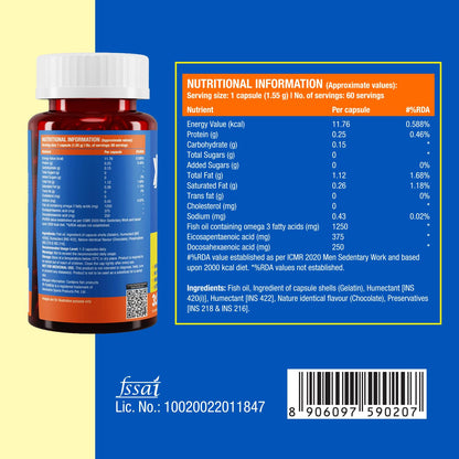 Fast&Up Promega with Double Strength 1250 mg Omega-3 Rich Fish Oil (60 Capsules) | High 375 mg EPA & 250 mg DHA ratio (3:2) For Heart, Eyes, Joints & Brain Health | No Fishy Aftertaste, Smell or Burps